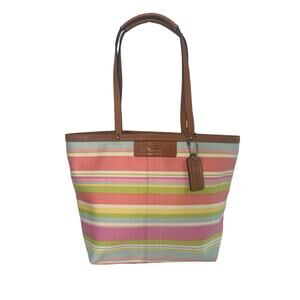 Coach Hampton Reversible Pastel Stripe Logo Print Tote Bag Multicolor Handbag